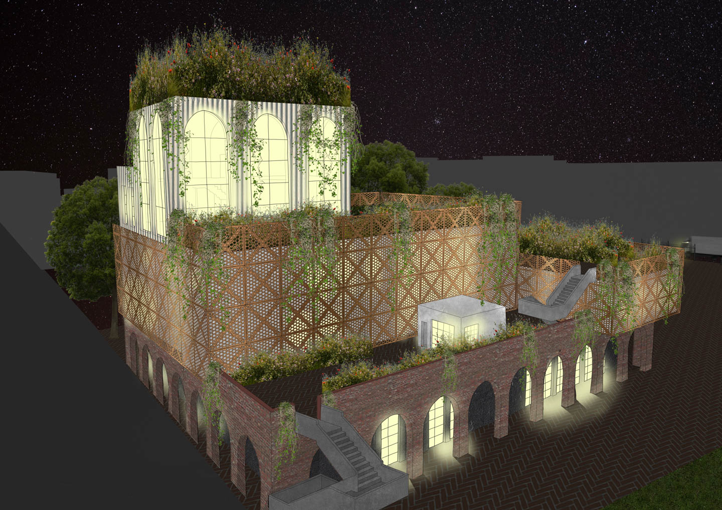 Exterior perspective from train line at night 