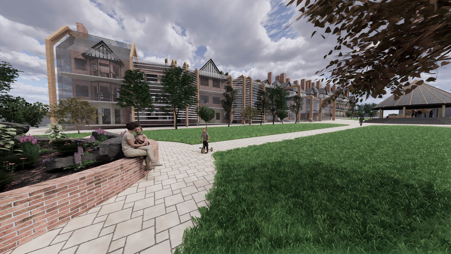 Public garden looking onto exoskeleton 
